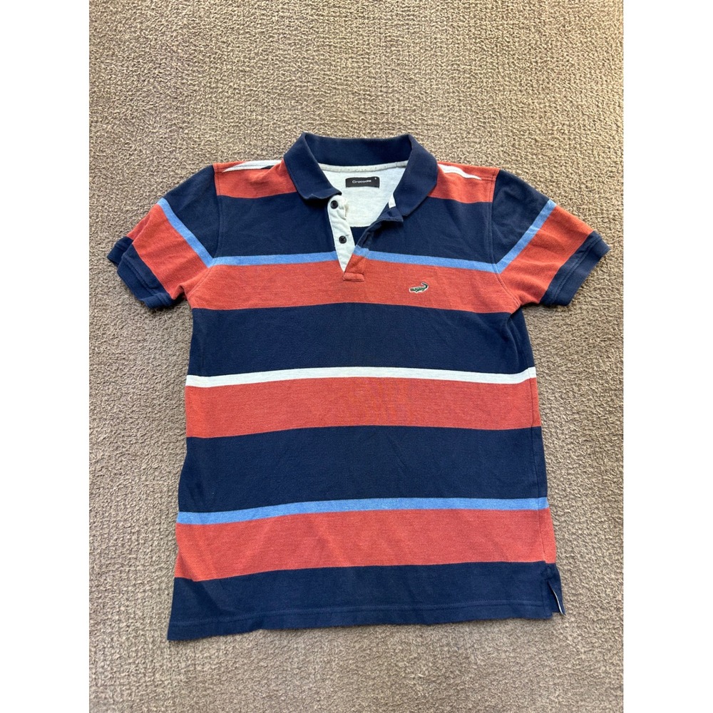 Crocodile Mens Small Polo Shirt Short Sleeve Striped Navy Blue Orange Cotton